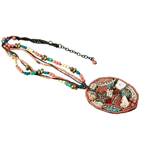 Beaded Multicolor Pendant Necklace Coral Turquoise Gold Colors Shell Accents - Picture 1 of 16